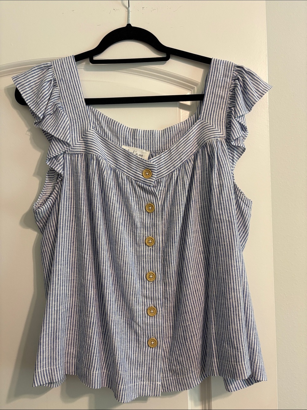 Blue & White Striped Ruffle-Sleeve Button-Front Top
